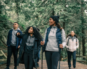 group of diverse people walking in nature